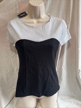 Express Striped White & Black Short-Sleeve Mixed-Media Top